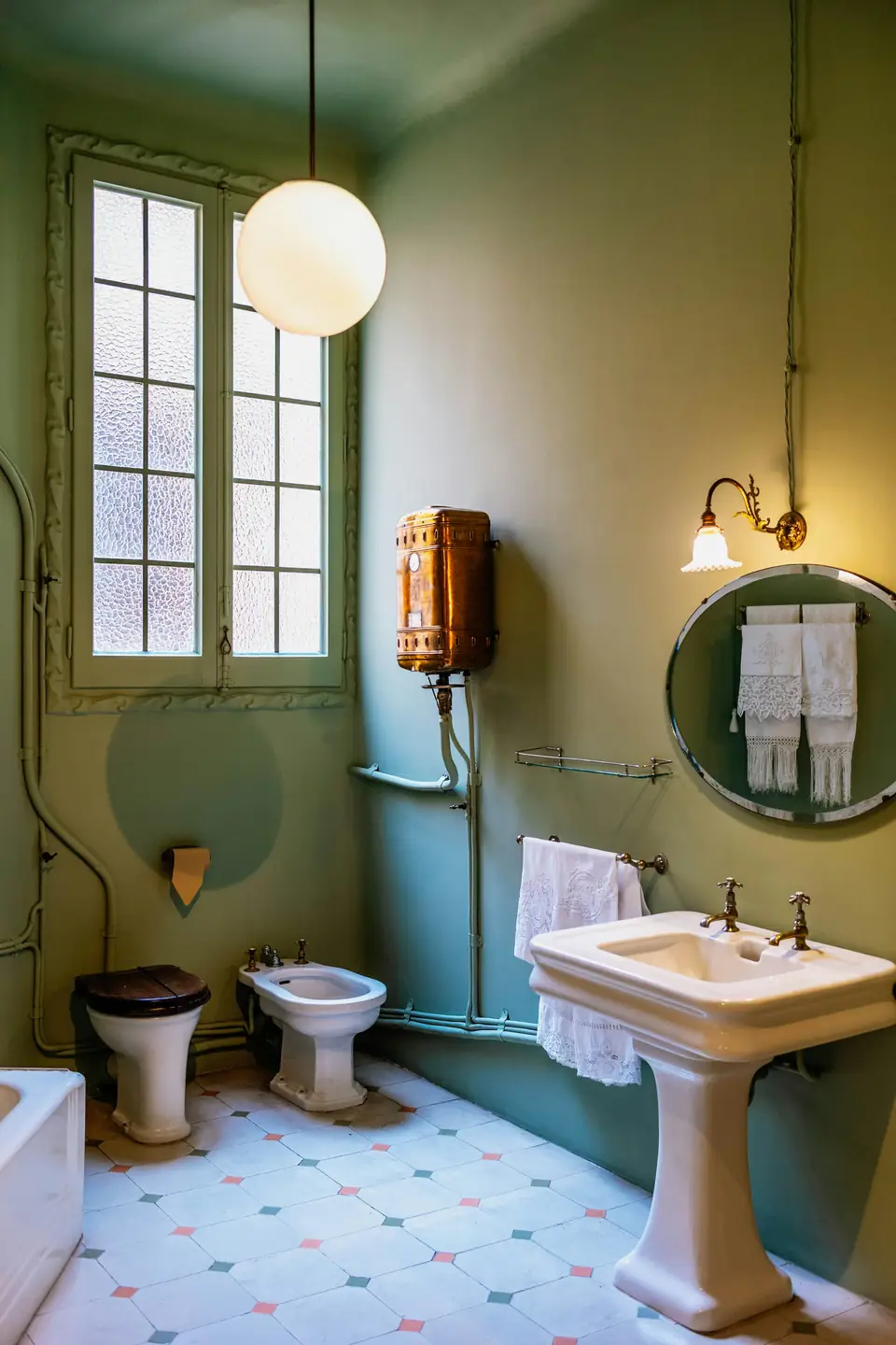 Salle de bain ancienne aux murs vert sauge, lavabo sur colonne et sol en carreaux clairs